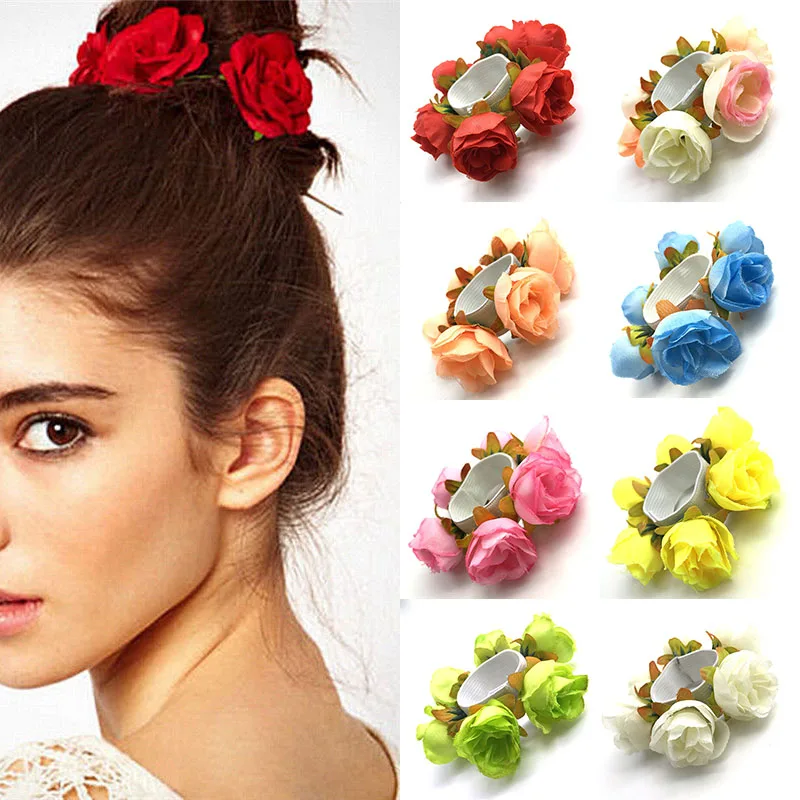 

Fashion Women Rose Flower Elastic Hair Band Solid Color Ponytail Hair Circle Wedding Headwer For Women