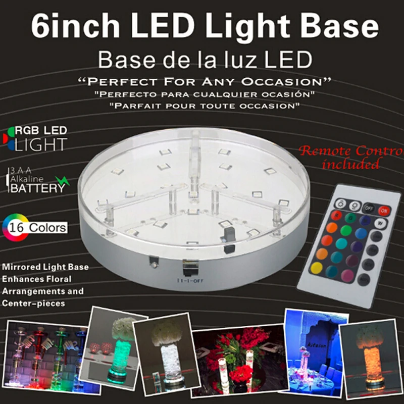 

Free shipping 10pcs/lot 6inch led light base for crystal tall wedding centerpieces with remote control for party decorations