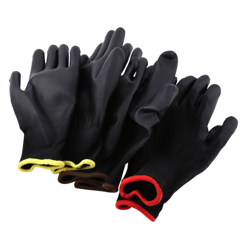 12 пар Черные Нейлоновые ПУ защитные перчатки защитные рабочие перчатки для пальмового покрытия и покрытые перчатки желтые/красные/коричневые полоски