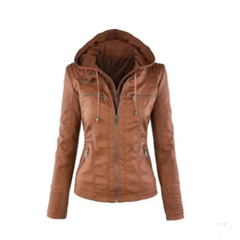 

New 2019 Autumn Winter Faux Leather Women Clothing fashion coats Jacket Hooded Zippered Hoodie Slim Motorcycle Jacket Coats