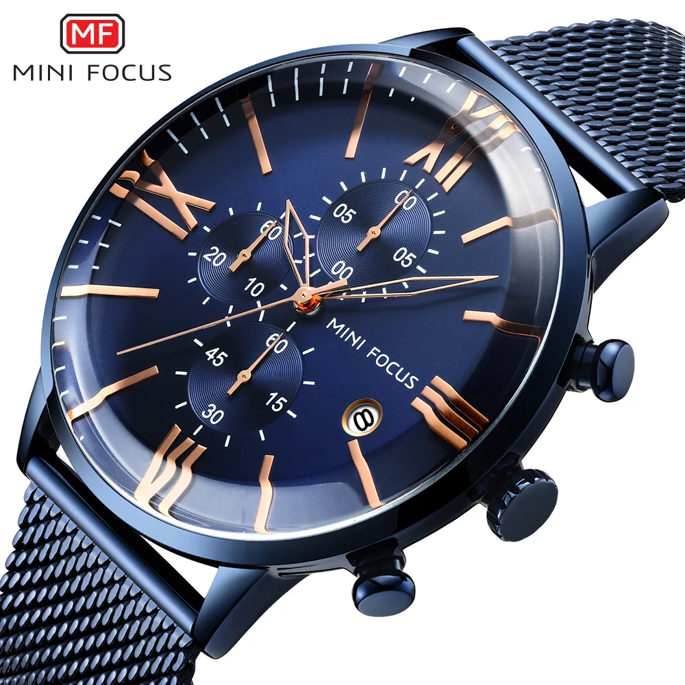 

MINIFOCUS Luxury Brand Men Stainless Steel Wristwatch Quartz Wrist Watch Men Waterproof Reloj Hombre Relogio Blue