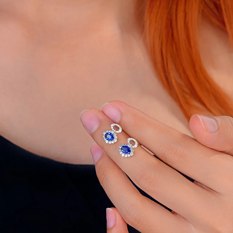 Caimao 0.95ct Blue Sapphire with 0.40ct H SI Diamond 14K White Gold Earrings Studs for Women