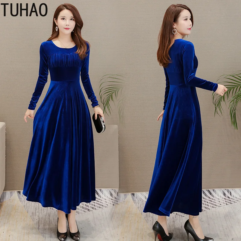 TUHAO женские осенние зимние однотонные платья размера плюс 4XL 3XL бархатные длинные