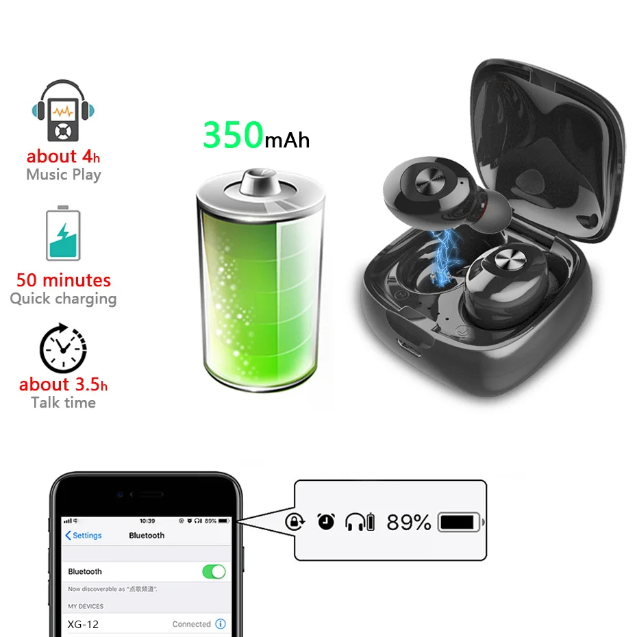 Bluetooth 5 0 XG12 TWS Earphone Stereo Wireless Earbus HIFI Sound Sport Earphones Handsfree Gaming Headset with Mic for Phone