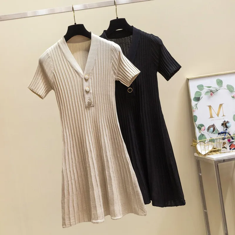 Женское трикотажное платье с V образным вырезом на пуговицах|knitted dress|a-line dressdresses