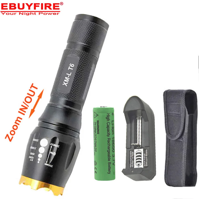 

XM-L T6 2000 Lumens Zoomable LED Flashlight Torch light +1 x 6000mah 18650 Rechargeable Battery + charger + holster