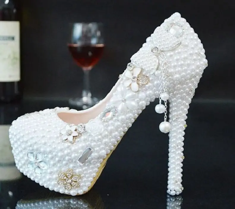 

Plus size white pearls wedding shoes bride super high heeled platforms slip on round toes ladies womens girls proms party shoe