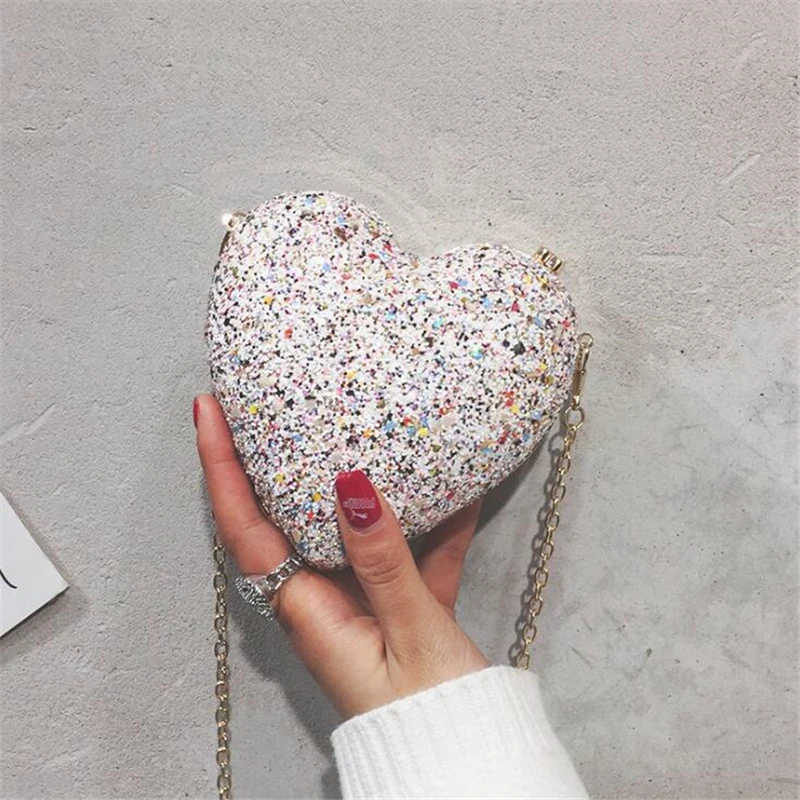 

Luxury Ladies Heart Shape Evening Shining Clutch Bag Fashion Sequin Women mini Bridal Wedding Party Purses Chain Bag Sac a main