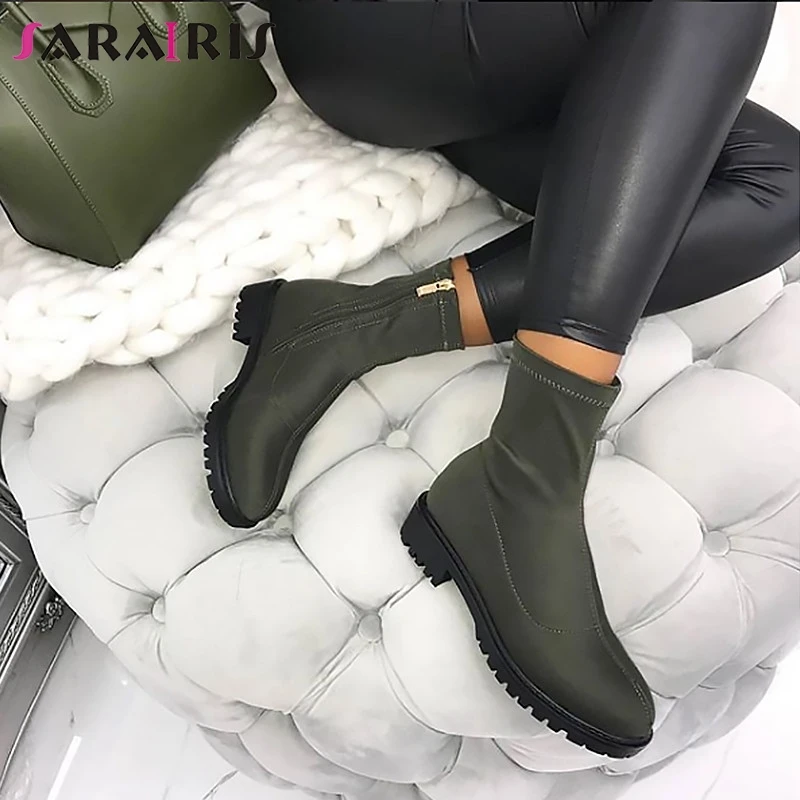 

SARAIRIS 2019 New Style Lycra Boots Army Green Party Stretchy Material Lady Boots Zip Wide Med Heels Non-slip Ankle Boots