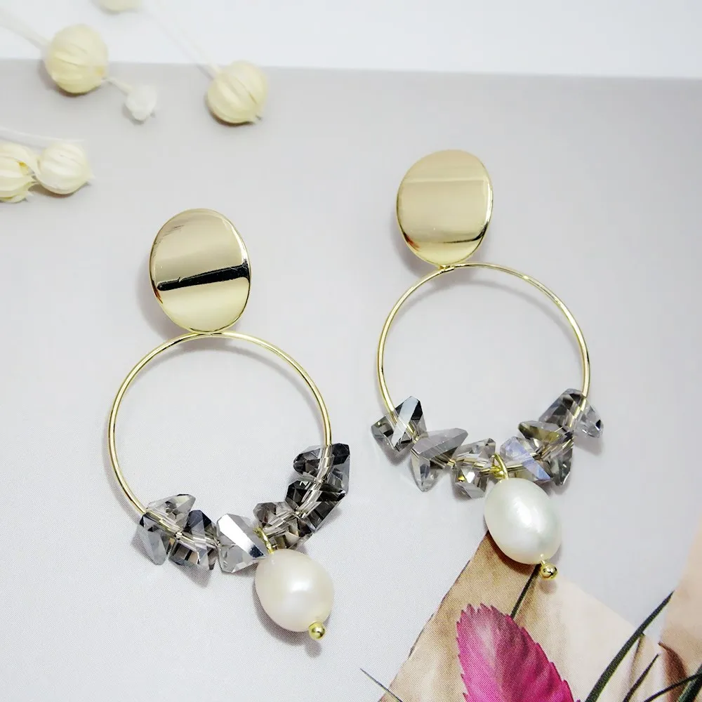 

925 Silver Needle Freshwater Pearl Dangle Earring for Women Fashion Jewelry Vintage Crystal Circle Round Drop Earrings Jewelry