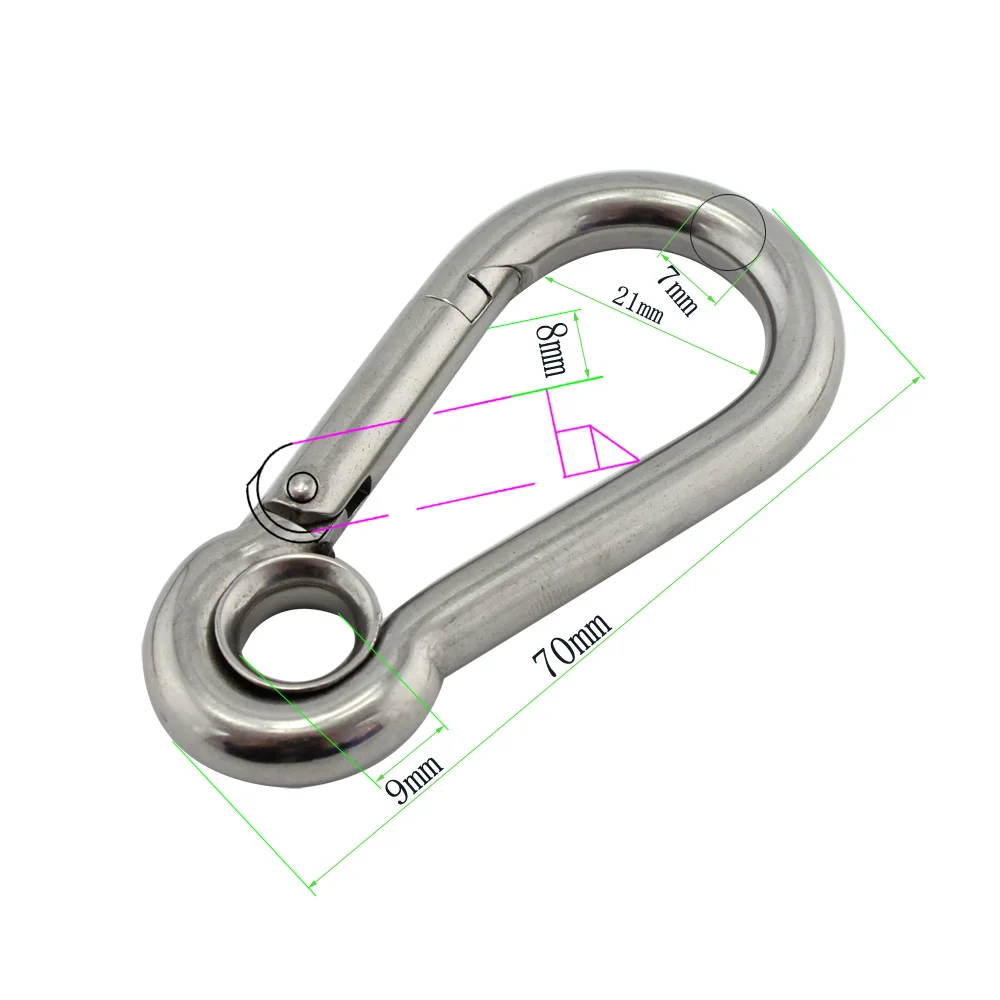 

Stainless Eyelet Snap Hook Spring Carabiner 7*70mm Stainless Steel SS304/316 Climbing Spring Carabiner Snap Hooks with 10pcs