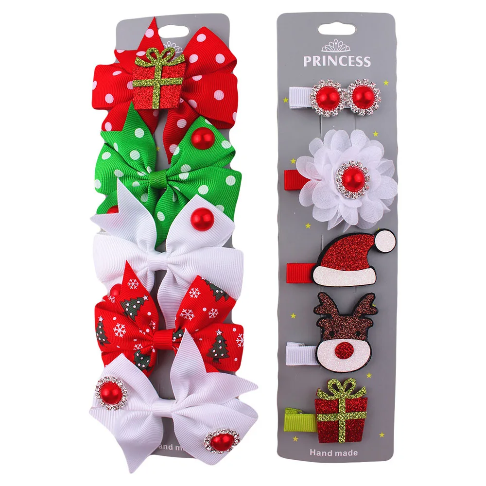 

5pcs/lot Christmas Hair Bows Clip Santa Claus Gift Box Hairpins Beads Barrettes Boutique Festival Party Girls Hair Accessories
