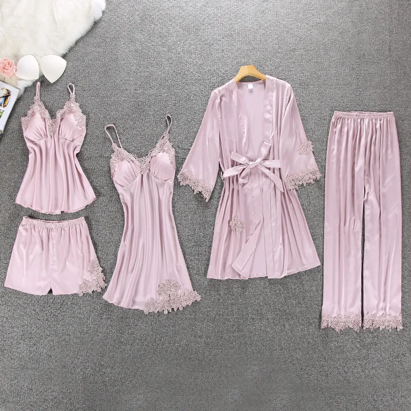 

2019 pajamas for women 5 Pieces Satin Sleepwear pajamas set Silk Home suit home set Lounge Pyjama with Chest Pads