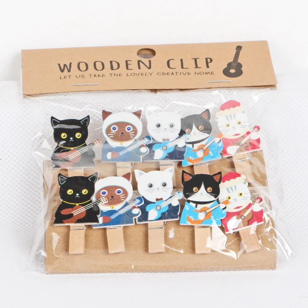 10 Pcs/Set Cute Guitar Cat Wooden Clip Photo Paper Clothespin Craft Clips Party Decoration Clip with Hemp Rope