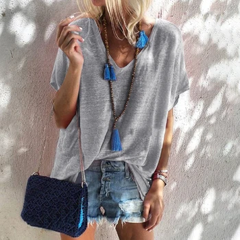 

2019 Fashion Summer Women Short Sleeve Shirts V-neck Candy Color Solid Color Loose Casual Ladies Top Tee Female Clothing