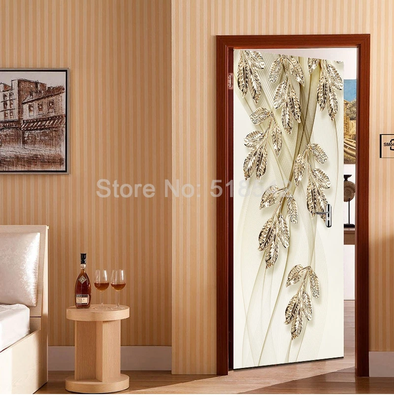 3D Золотые листья Европейский Стиль Гостиная Дверь наклейка обои домашний Декор ПВХ водонепроницаемый самоклеющиеся двери настенные стикеры s