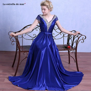 

Vestido de madrinha new sexy V neck crystal short sleeve A Line royal blue black wedding guest dress long sukienka wesele