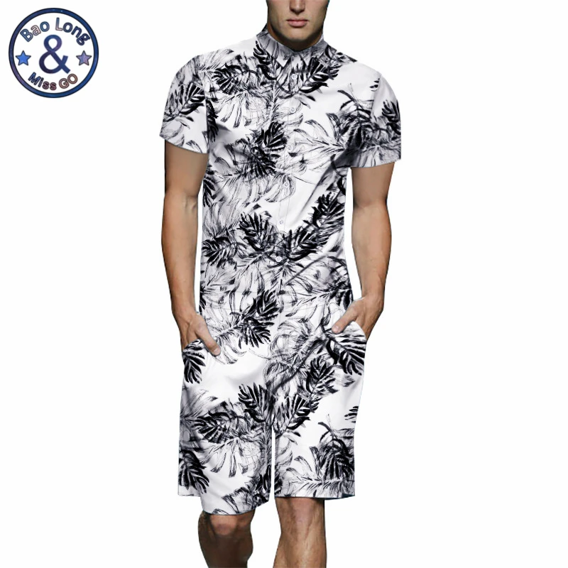 

Mr.BaoLong Mens Rompers Tropical plant Print 3d Jumpsuits 2019 Summer Men Set Beach Party Cargo Overalls One Piece Playsuit