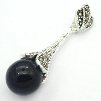

12mm Natural Blue Sand jade Round Bead 925 Sterling Silver Marcasite Pendant