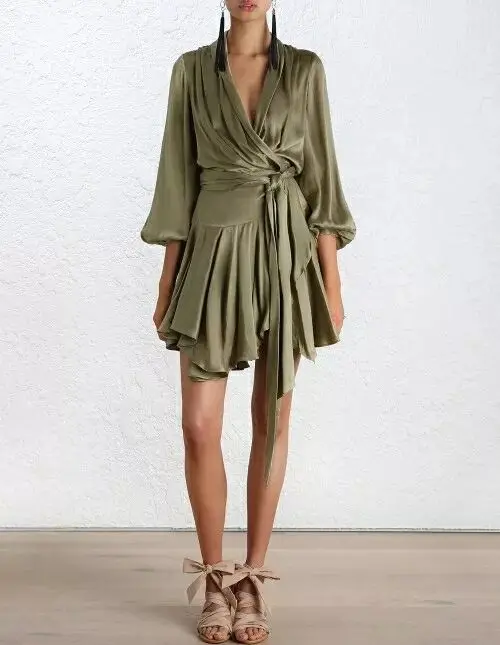 

2019 Newest Spring High Quality Womans V Neck Lantern Sleeve Mini Dresses Women Pajamas Belt Irregular big sizes Dress Feminino
