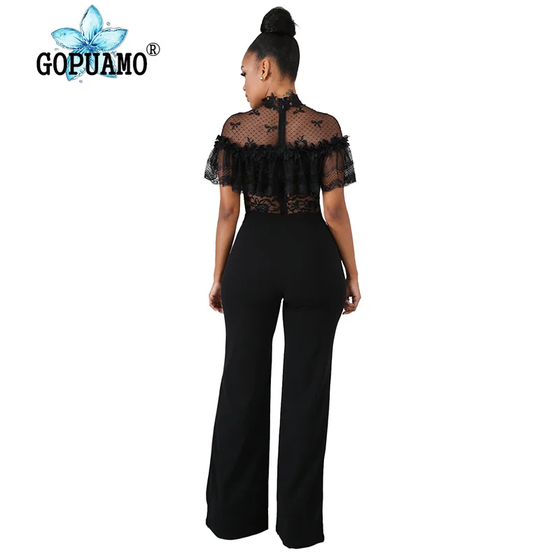 Sheer Mesh Lace Spliced Sexy Jumpsuit Women Stand Collar Short Sleeve Wide Leg Romper Elegant Ruffles See Through Party Bodysuit Sheer Mesh Lace Spliced Sexy Jumpsuit Women Stand Collar Short Sleeve Wide Leg Romper Elegant Ruffles See Through Party Bodysuit
