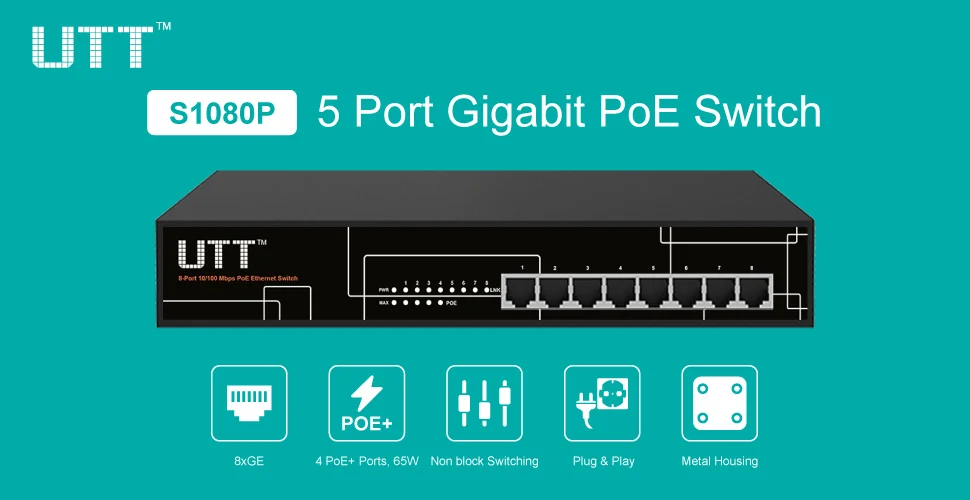 UTT S1080P 8-портов 10/100 М PoE Коммутатор, 65 Вт, IEEE 802.3af/at (30 Вт), для Камер Видеонаблюдения и Беспроводных точек доступа