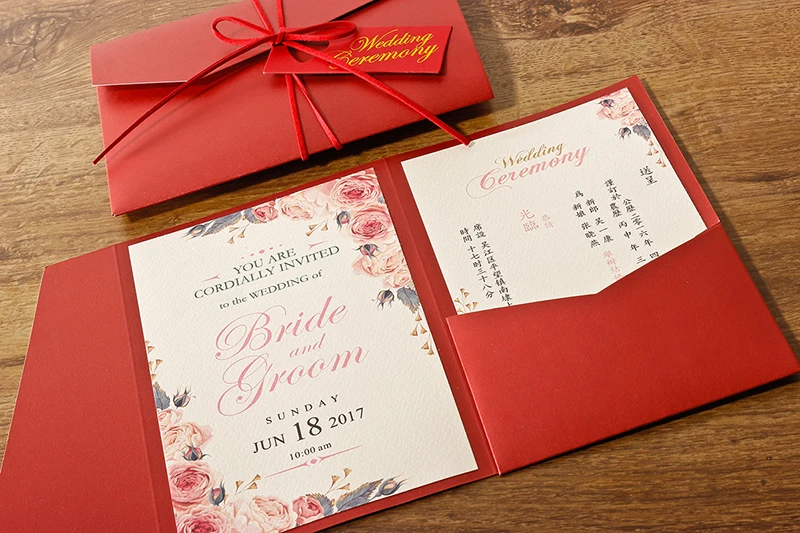  Pocket Red Wedding Invitations Unique Invitation Set Wedding Invites - Set of 50 pcs - 32845294345