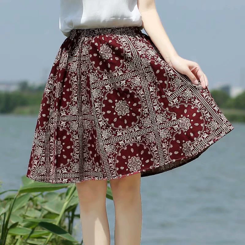 2019 Женская мода Boho льняная мини юбка летняя высокая эластичная талия юбки