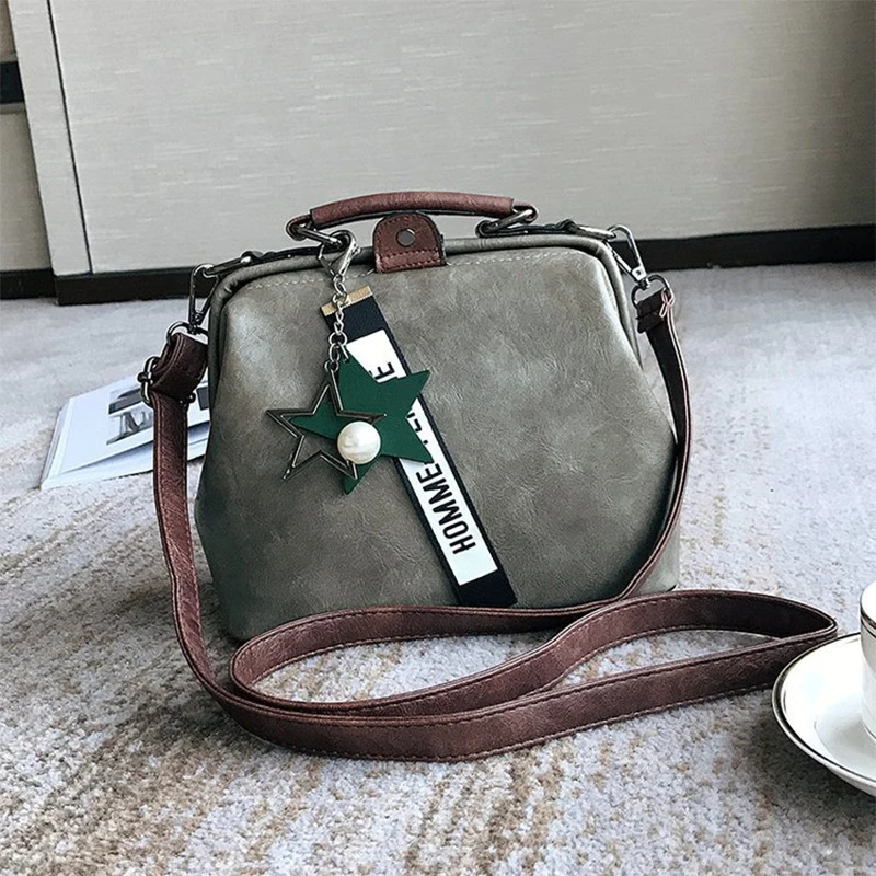 LUCDO модная женская кожаная сумка через плечо, винтажная сумка-мессенджер для доктора, женские сумки с кисточками, сумки в заклепках - Цвет: Gray