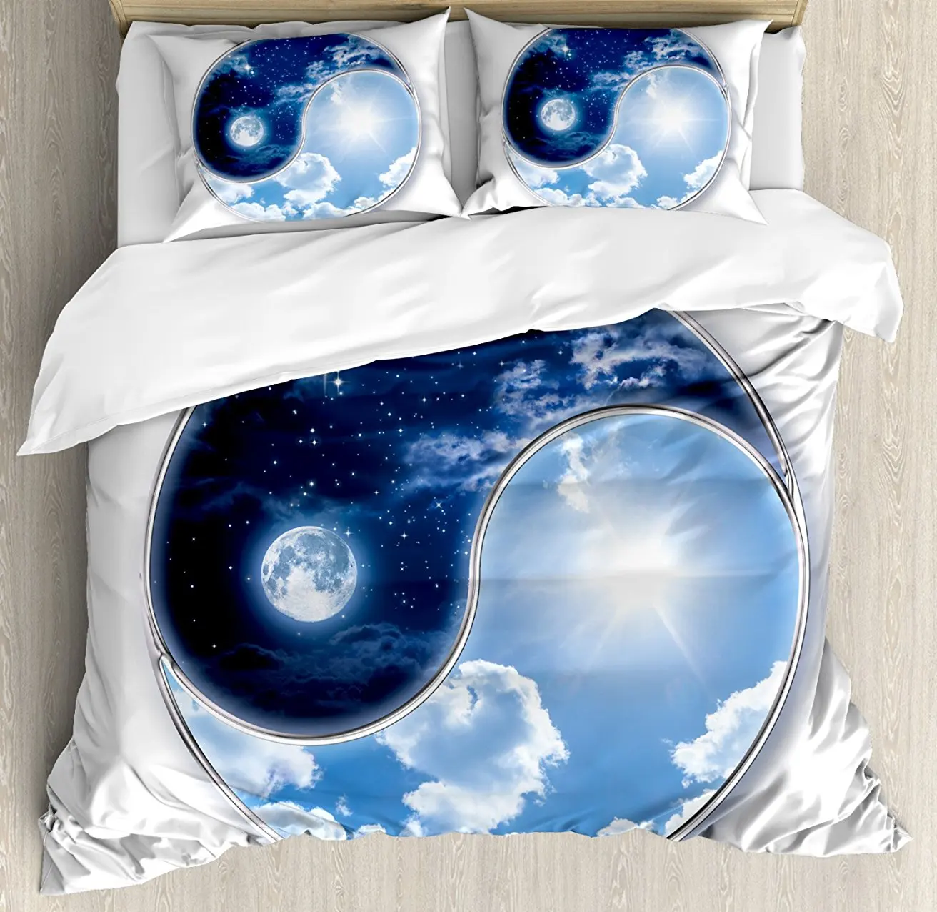 

Apartment Decor Duvet Cover Set, Yin Yang World with Moon and Sun Harmony of the Universe Art, 4 Piece Bedding Set