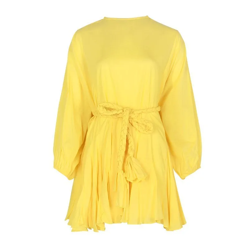 TWOTWINSTYLE хит, цветное Платье с принтом, женское платье с длинным рукавом и круглым вырезом, высокая талия, на шнуровке, женское платье, Весенняя Повседневная мода - Цвет: yellow