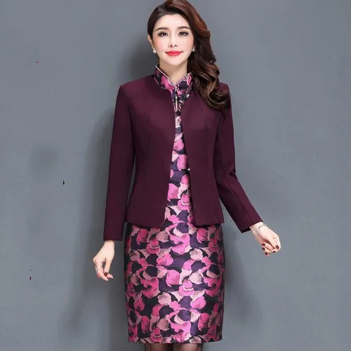 Reviews 2 Pieces High Quality  Autumn Winter Middle Old Aged Dress Sets Mother Wedding Wear Plus Size Clothes Set  Wears