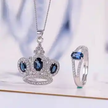 Vintage natural sapphire jewelry 4*6mm sapphire ring and sapphire pendant jewelry set solid 925 silver sapphire jewelry for lady - Category 🛒 Jewelry & Accessories