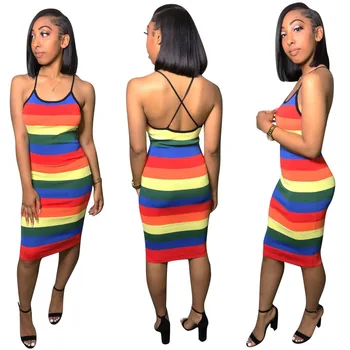 

Women Multicolor Strpide Summer Dress Spaghetti Strap Mid-Dress Women Elegant Sheat Casual Ladies Beach Wear Sleeveless Dresses