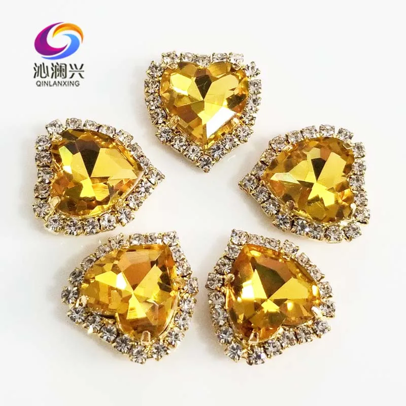 

Free shipping Gold bottom Golden yellow heart shape Crystal glass buckle,sew on rhinestones for Diy/jewelry accessories SWHK19