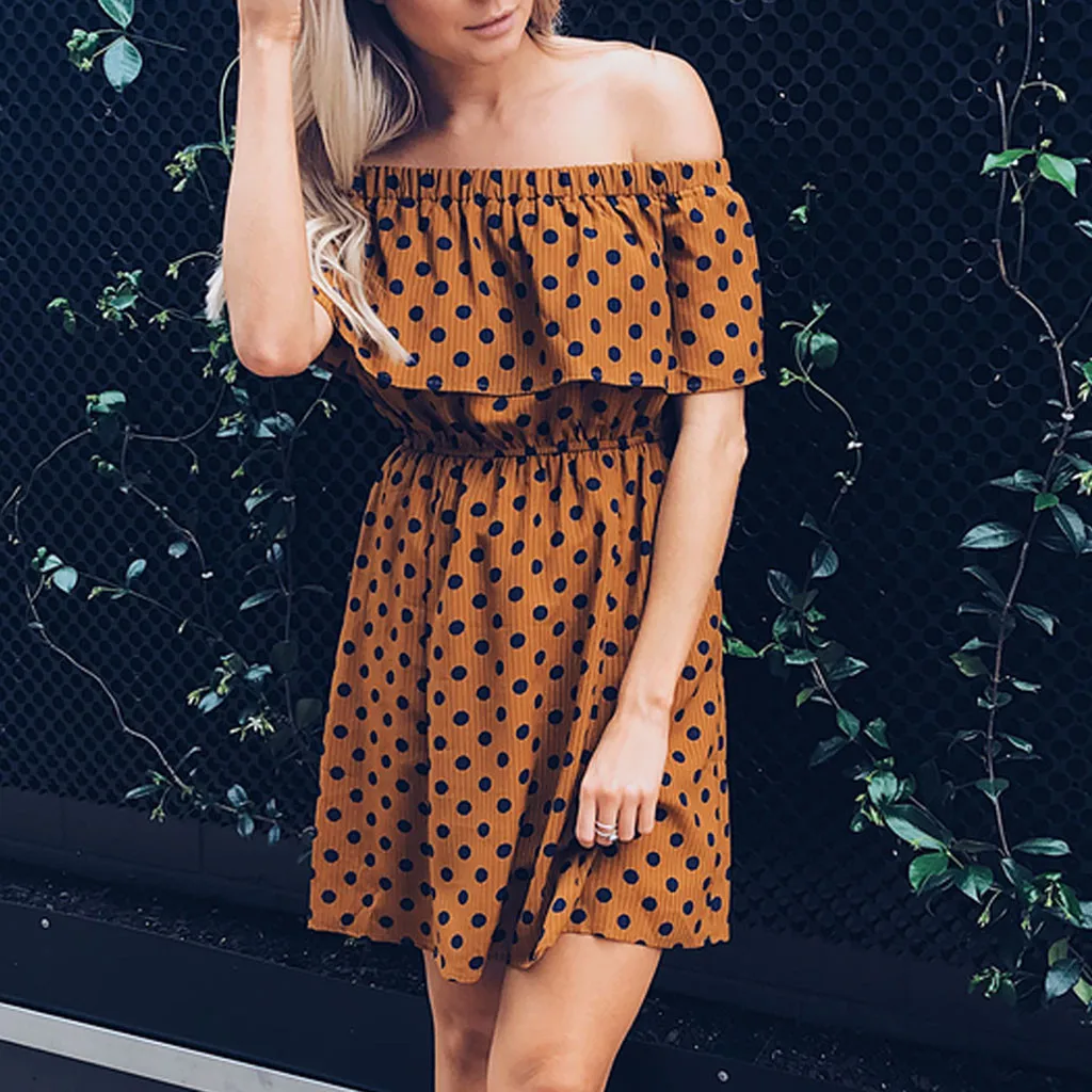 

FeiTong Fashion Women Sexy Off Shoulder Dress Pleated Ruffles Wave Dot Printed Mini Dress Vestidos Vetement Femme 2019