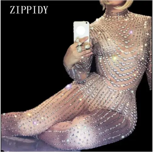 

Fashion Sexy Sparkly Pearls Jumpsuits Rhinestones Stretch Bodysuit Party Celebrate luxurious Shining Costume Outfit Wear