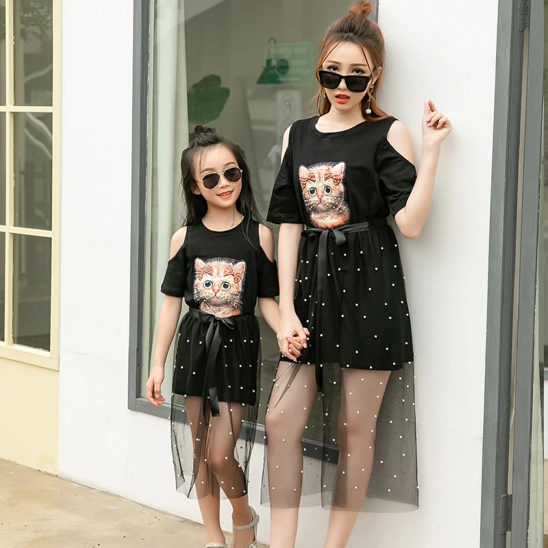 

cat mesh mother daughter dresses family look mommy and me outfits mom mum mama and baby girls daughter matching dress clothes