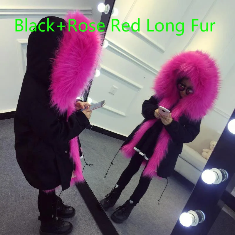 Dosoma/куртка для девочек и мальчиков; зимние утепленные куртки с капюшоном с искусственным лисьим мехом и мягкой подкладкой; модные детские парки; верхняя одежда - Цвет: Black Rose Red