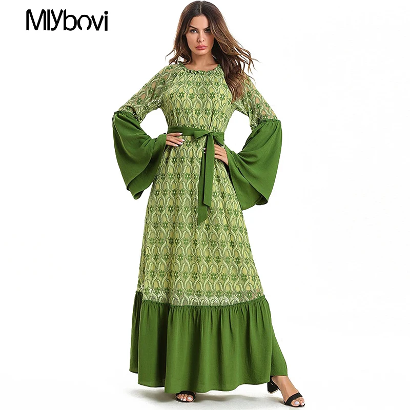 

Lace Dubai kaftan Dress Muslim Bat sleeve Abaya Women Arabic Green Patchwork turkey Islam Prayer caftan marocain dresses 2019