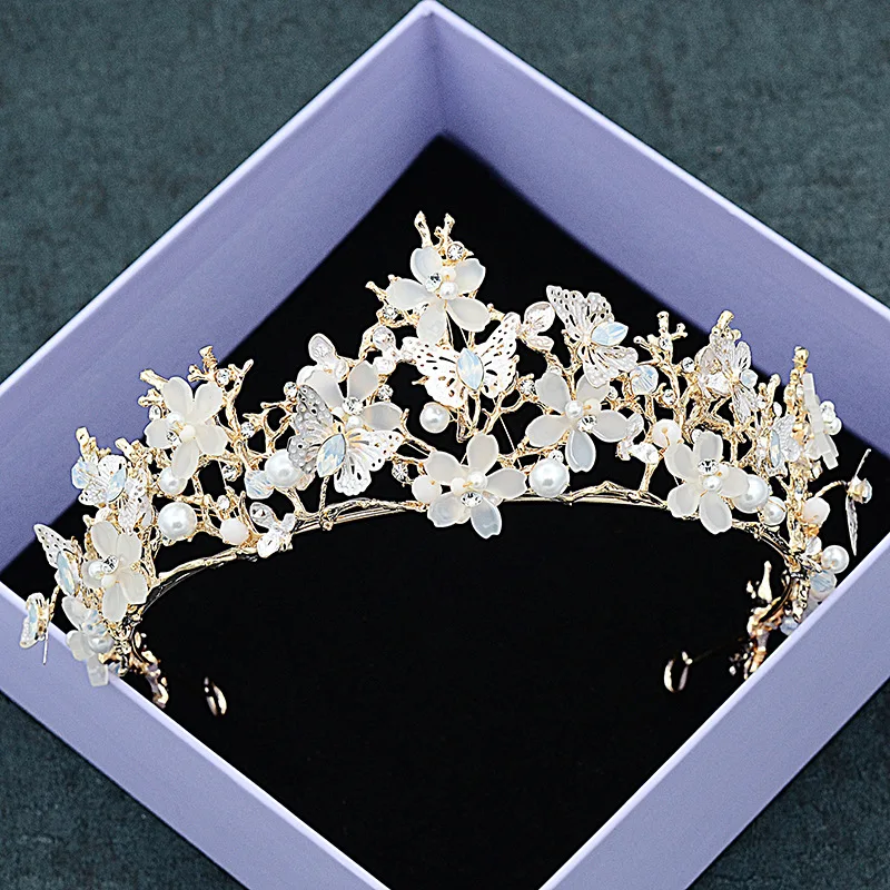 Барокко золото Bling Тиара с кристаллами для невесты короны принцесса бабочка Тиара с цветочными элементами Свадебный ободок тиары головной убор