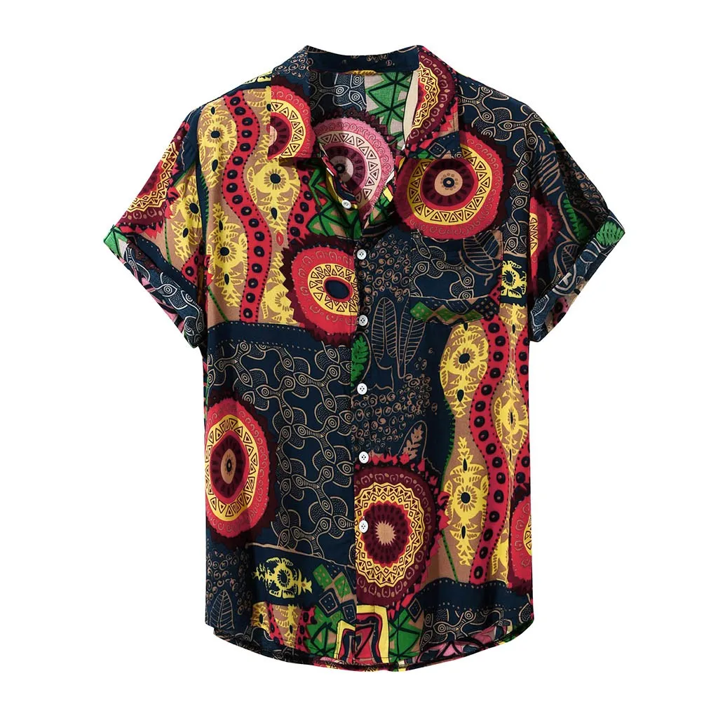 Hot sale New Summer Men Shirts Vintage Ethnic Printed Turn Down Collar Short Sleeve Loose Casual Tops camisas hombre