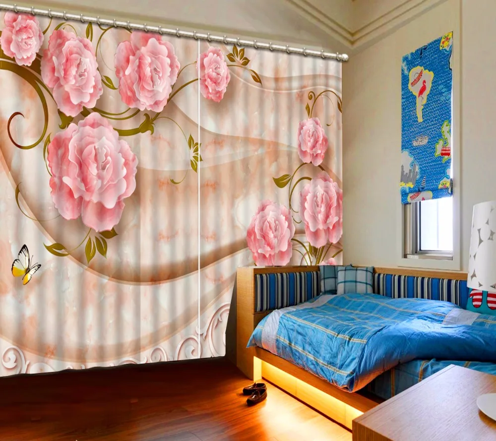 European pink rose Curtains Luxury Blackout Curtain Fabric 3D Window