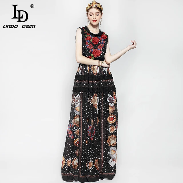 Fashion Runway Maxi Dress Women Floor Length Sleeveless Elegant Rose Flower Print Floral Embroidery Vintage Long Dress 2