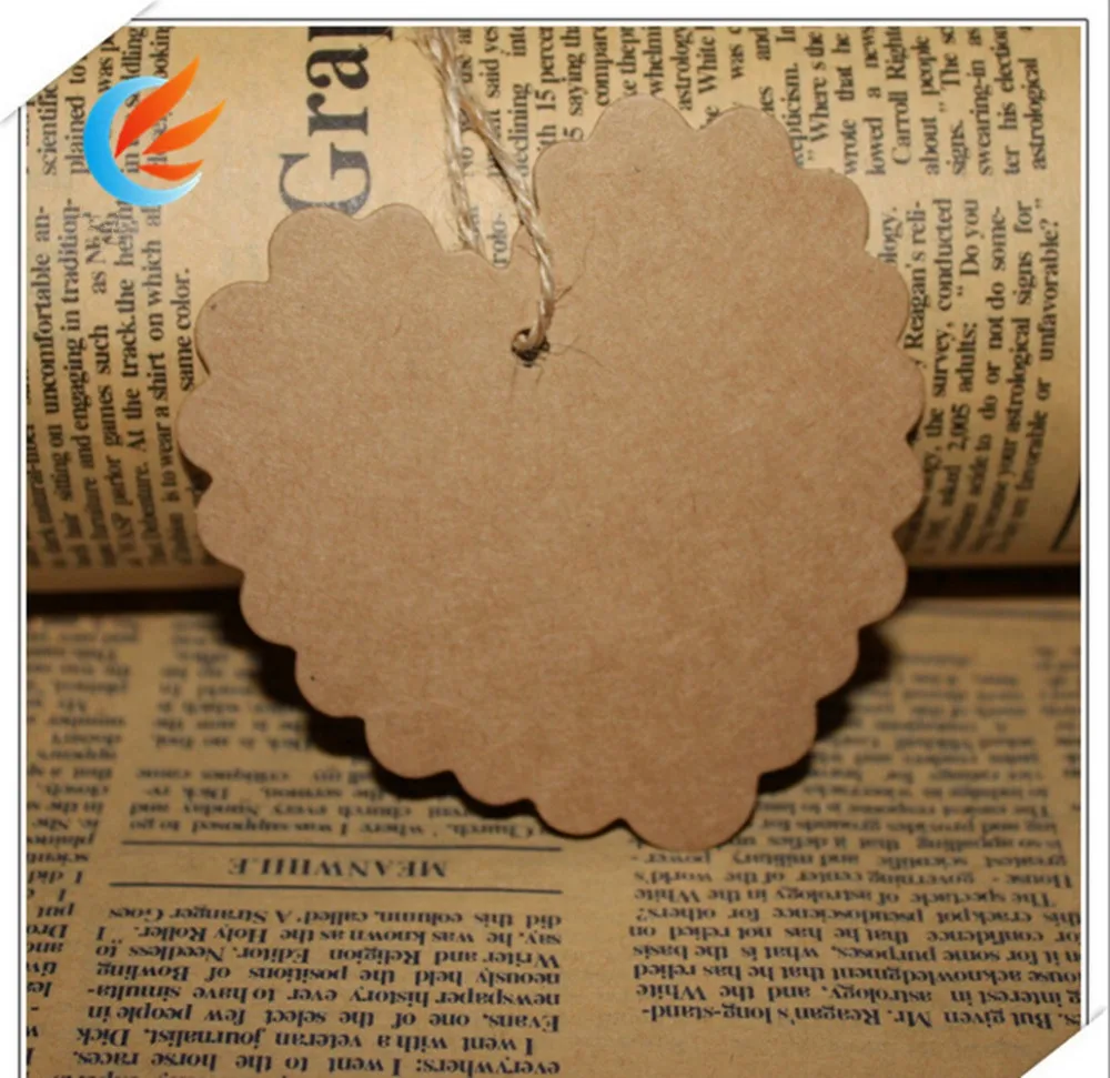 

Free Shipping 100PCS Kraft Paper Tags 8cm Wave Side heart Marked paper tags Bookmark DIY Seal Tags+20M string can be customized