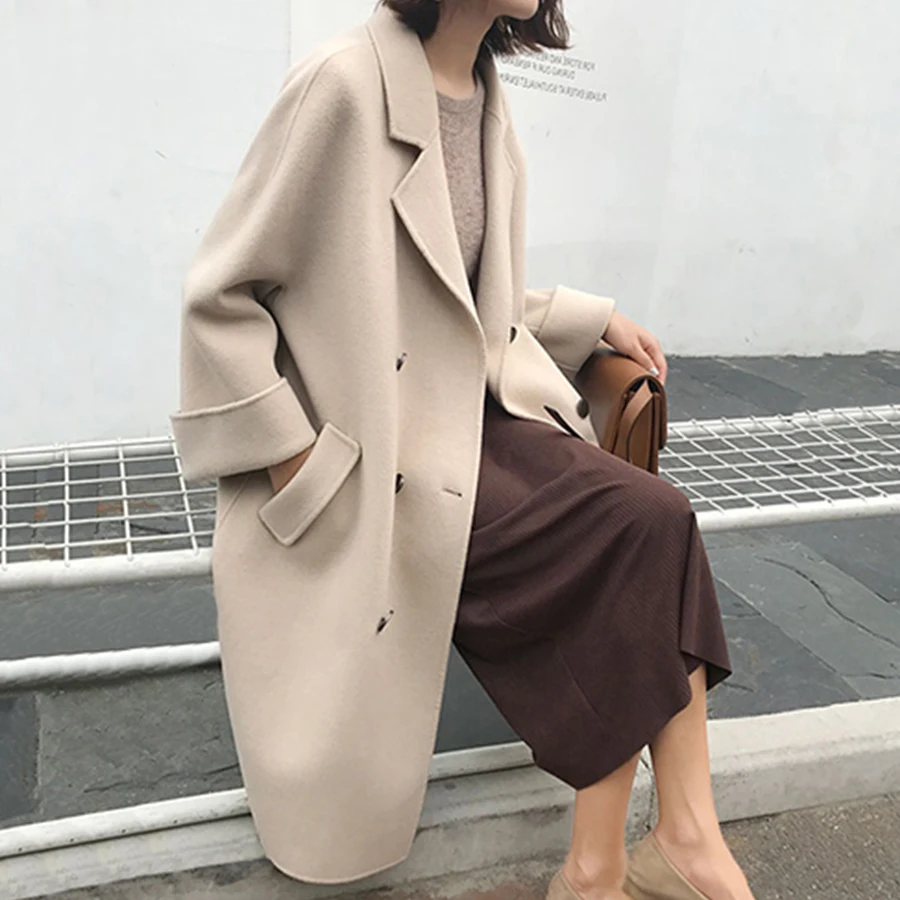 Mulena Loose Double Faced Woolen Coat Women Solid Double Breasted Pocket Long Ladies Coats Straight Outerwear Female Fall Spring