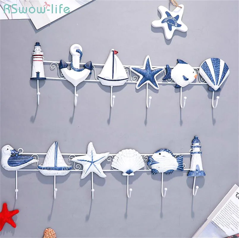 

Creative Mediterranean Style Clothes And Hats Hook Wooden Six Hooks Key Holder Wall Ocean Decoration Living Room Bedroom Stuff