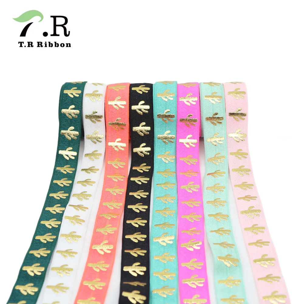 

5/8" gold foil FOE gold cactus printed fold over elastic welcome custom prints