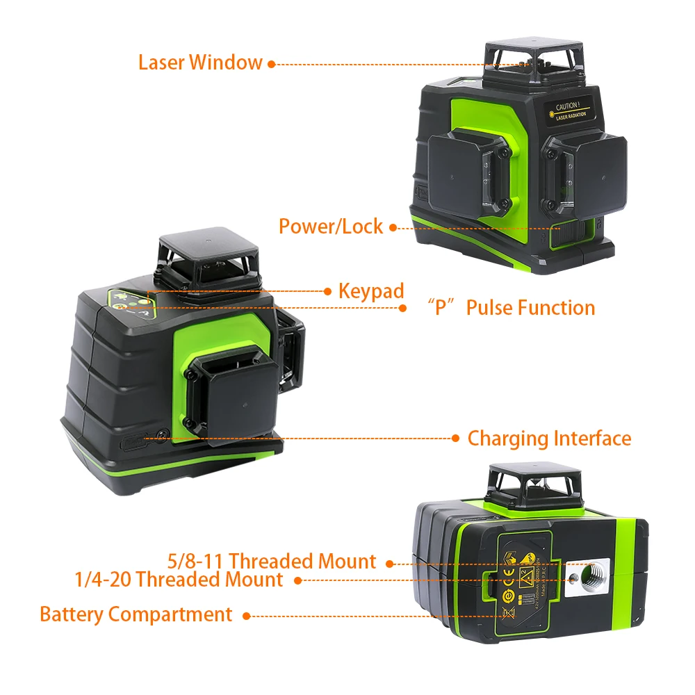 Huepar 12 Lines 3D Green Cross Line Laser Level Self-Leveling 360 Degree Vertical & Horizontal with LCD Receiver USB Charging