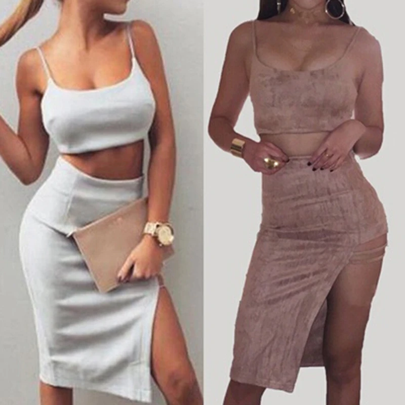 

Solid Women Dress 2 Pieces Sexy Sling Tops + Side Split Dress For Women Summer Dresses Sexy Clubwear Bodycon Sheath Suede Dress
